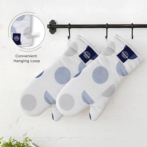 Image of Encasa XO Extra Long 18x35 cm Microwave Oven Gloves Mitts (2 pcs) for Kitchen Cooking - Blue Moon - Heat Resistant, Thick & Safe, Protection of Hands from Hot Utensils, Gas Flame, Grill, Barbecue