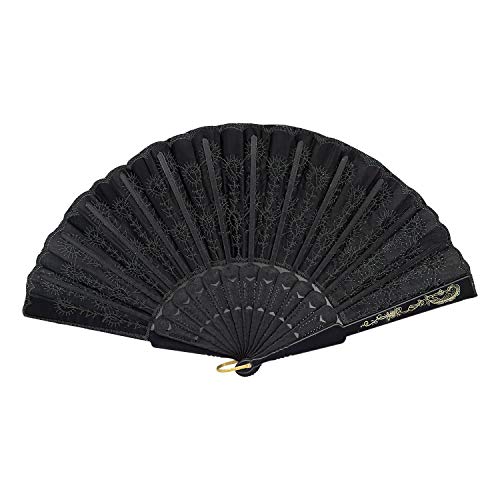 INNOLIFE Elegant Embroidered Flower Peacock Pattern Sequin Fabric Folding Handheld Hand Fan Hand-Crafted (Black)