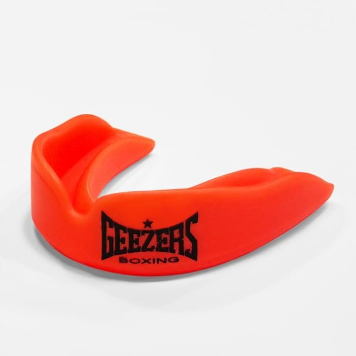 Geezers BB1 Mouthguard (Pack of 10) โ Boil-and-Bite Design, Junior & Senior Sizes with Case, for Boxing, MMA, Rugby, Martial Arts, Judo, Karate, Hockey and All Contact Sports (Lumi Orange, SNR)