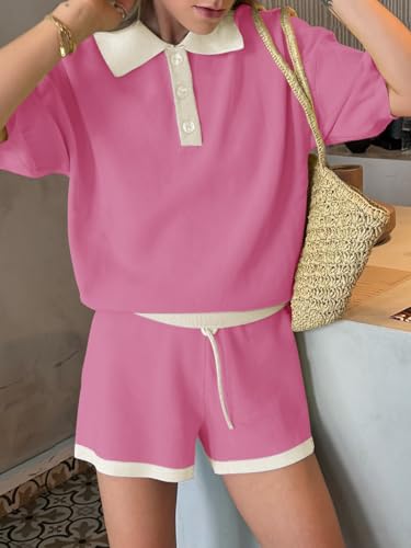 Image of Tankaneo Womens 2 Piece Short Sets Short Sleeve Knit Tops Vacation Outfits | Sweater Fabric, 2026 Summer, Collared, Matching Lounge Set