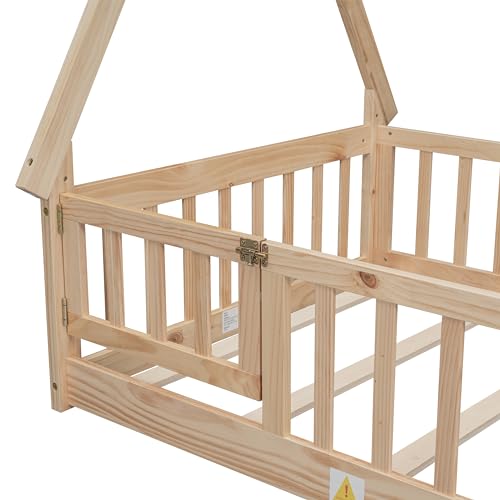 Mirightone Twin Floor Bed for Kids Tent-Shaped Montessori Floor Bed with Slats and Guardrails Twin Size Wood Teepee Bed Frame with Fence and Door for Boys Girls, Natural