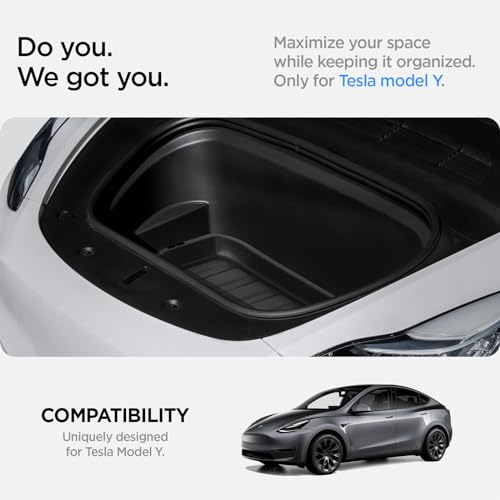 Spigen Tesla Model Y (~2024) Vordere Kofferraummatte, Stoßfestes XPE-Material zum Schutz der Innenfächer, wasserdichte Oberfläche Kofferraumwanne für Tesla Model Y Zubehör - Carbon Edition