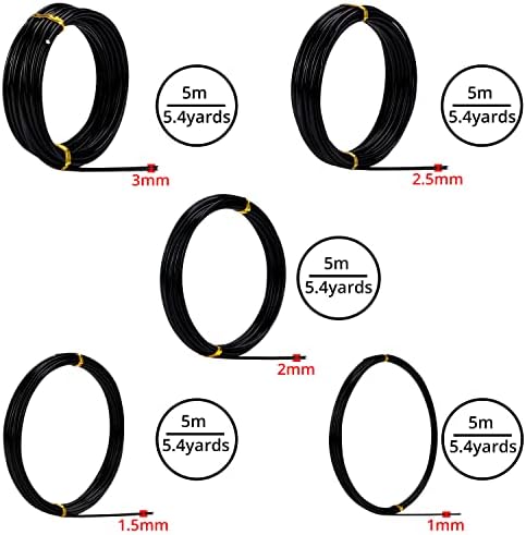 Belle Vous 5 Pack Black Aluminium Jewellery Making Craft Wire - 1, 1.5, 2, 2.5 & 3mm - 5m / 5.4 Yards Rolls - Flexible Metal For DIY, Artistic Floral Crafts, Beading and Model Making