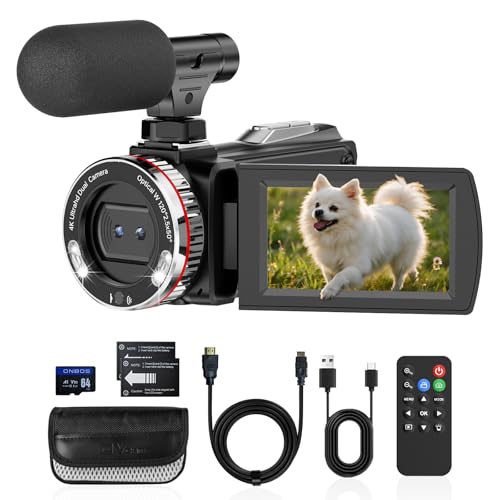 ZIMOCE 4K Camcorder Video Camera, Vlogging Camera for YouTube with External Mic, Digital Zoom & 3.0” Flip Screen, 2 Batteries, 64GB Card & Remote Control