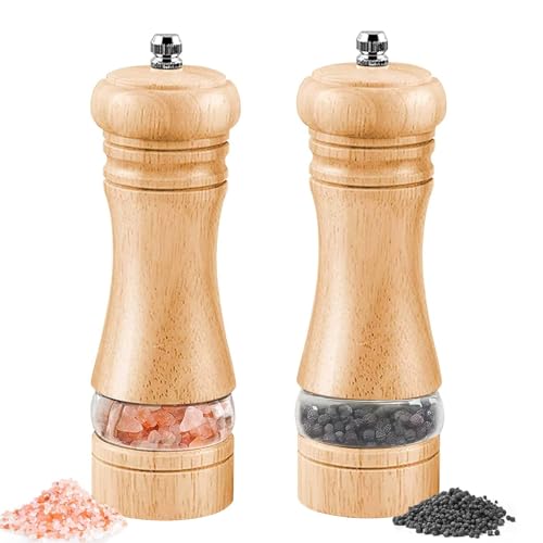 Pepper Grinder Wooden Salt and Pepper Grinder Set,Adjustable Coarseness Salt Shakers,Refillable 6 INCH Pepper Mill with Transparent Acrylic Window for Spice,2PCS Portable Seasoning Shakers
