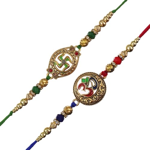 Image of eCraftIndia Set of 2 Beautiful Kundan Pearls Beads Designer Rakhis with Roli Chawal Pack