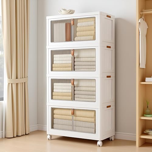 Image of Sunderlook Plastic Wardrobe for Kids Clothes - Standing Desk Premium Comfort Foldable Collapsible Wardrobes for Clothes, Large Plastic Cupboard for Kids, Men and Women (Bright White, 4 Door)