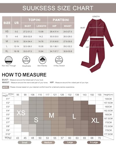 SUUKSESS Women 2 Piece Workout Sets Hidden Scrunch Hip Lift Leggings Long Sleeve Yoga Crop Top High Waisted Seamless Yoga Pants Tracksuits (Red, L) - Thumbnail 6