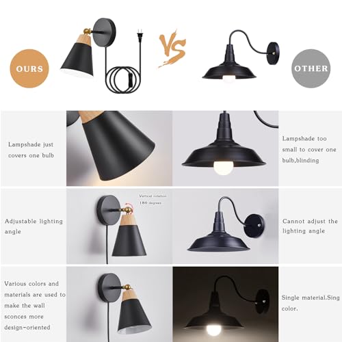 Image of Wall Sconce Set of 2, Wall Sconce with Metal Shade, Plug Switch, Indoor Decor Wall Mount Swing Arm Lamp for Bedroom,Hallway,Living Room,Reading, Black