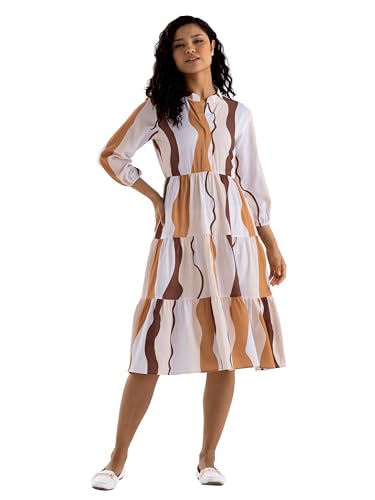 Image of AASK Women Diamond Creap Striped Printed Mandarin Collar Fit & Flare Dresss