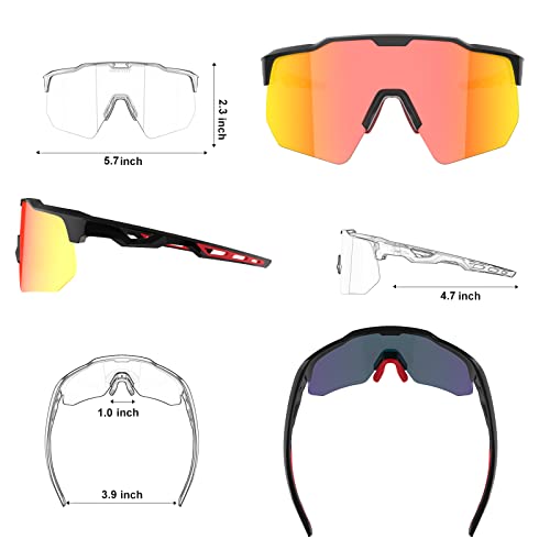 Haayot Polarized Cycling Glasses,Sports Sunglasses For Men Women,Baseball Biking Running Fishing Sunglasses With 5 Interchangeable Lenses Black Red #TOP6