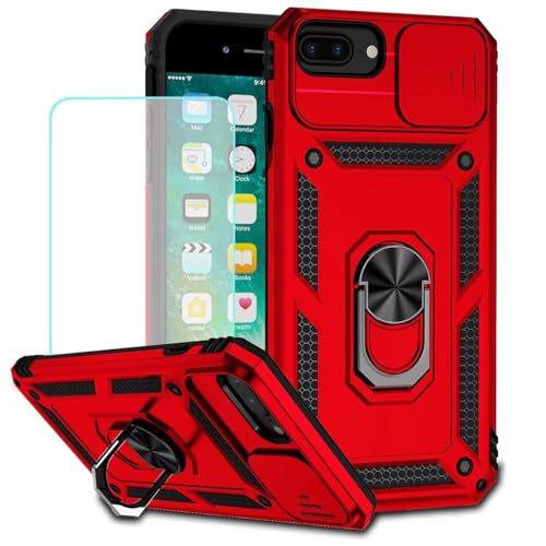 Jhxtech Schutzhülle für iPhone 8 Plus/iPhone 7 Plus/iPhone 6 Plus/6S Plus Hülle mit gehärtetem Glas Bildschirmschutzfolie & Schieber für die Kamera, Magnetischer Ring Handyhülle für iPhone 7 Plus Rot