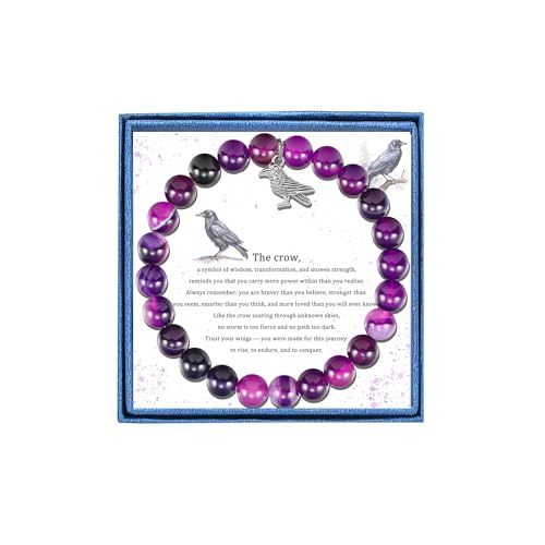 Crow Charm Amethyst Bracelet for Women Halloween Spirit Animal Jewelry Natural Stone Gift for Animal Lovers Intuition Protection Crystal Gifts for Daughter Niece Birthday (Crow Bracelet-Amethyst)