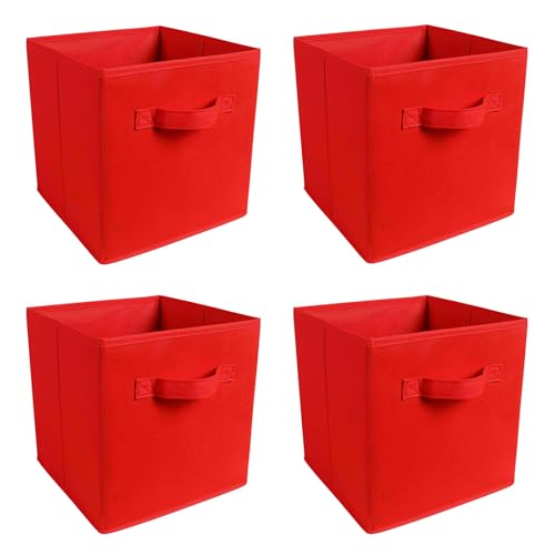 JaHECOME Set of 4 Fabric Storage Boxes Red Foldable Cube Storage Bins Organizer Basket with Handles for Drawers Shelves in Bedroom, Nursery Office, Playroom (RED)