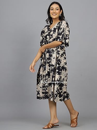 Ravaiyaa Women Printed Cotton V-Neck Knee Length Kaftan Dress Nighty