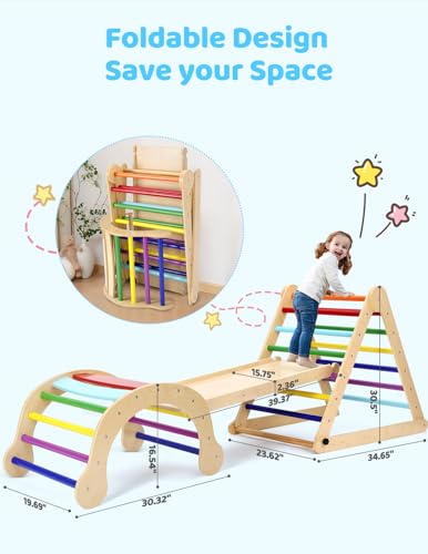 YOLEO Large Pikler Triangle Set 7-in-1, Montessori Climbing Toys for 1+ Year Old w/t Sturdy Base and Adjustable Height, Quick-Fold Toddler Climbing Toys Indoor Playground and Fun Jungle Gym for Kids