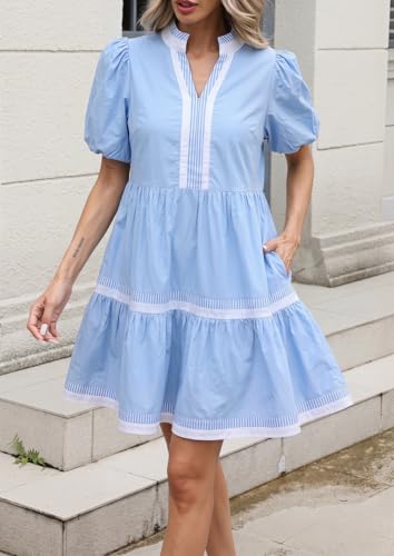 Image of LifeShe Womens Puff Sleeve Babydoll Dress V Neck Navy Blue Striped Color Block Tiered Mini Dresses