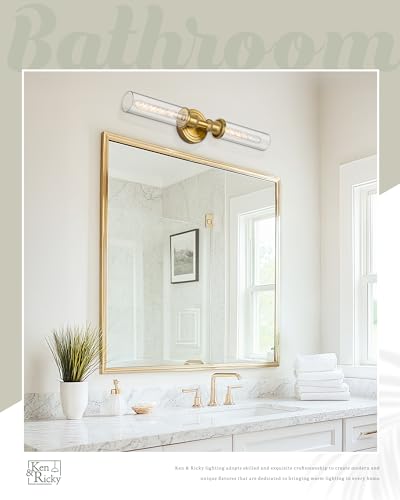 Image of Ken & Ricky Hardwired Modern 24 inch Wall Sconces Set of Two, Gold | Clear Glass,Easy Install,Sconces Decor,2PK,Wall Light fixtures for Bathroom Mirror Living Room Hallway Bedroom