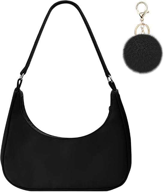 Aucuu Shoulder Bags for Women, Nylon Shoulder Y2K Bag, Lady Underarm Bag, Mini Handbags with Pom Pom Keychain and Zipper Closure - Gift for Christmas, Birthday and Anniversary