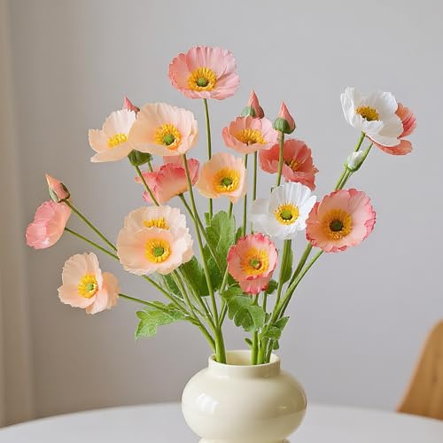 9Pcs Artificial Poppy Flowers 23.22 Realistic Silk White Red Champagne Faux Poppies Flowers Ranunculus Fake Poppy Stems for Wedding Bouquets Home Office Outdoor Decor Flower Arrangement(Mixed Colors)