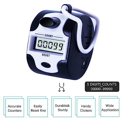 Handy Counter Click Manual Digital clicker Stitch Tally Counters Finger Mechanical Palm Handheld Pitch 5-Digit Electronic Display Click Counter Number Count for Row, People, Golf Lap (blk white) - Thumbnail 2