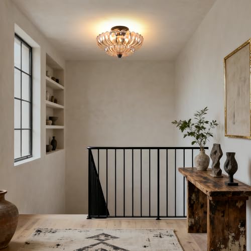 Image of Semi Flush Mount Ceiling Light, 11.8 Inch Black Vintage Hallway Light Fixture with Amber Glass, Close to Ceiling Light for Bedroom Kitchen Living Room Bathroom Foyer, E26 Base