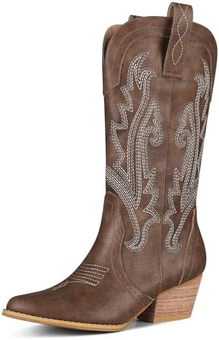 femflame Womens Cowboy Boots for Women Pointed Toe Chunky Heel Mid Calf Cowgirl Boot Embroidered Western Boots