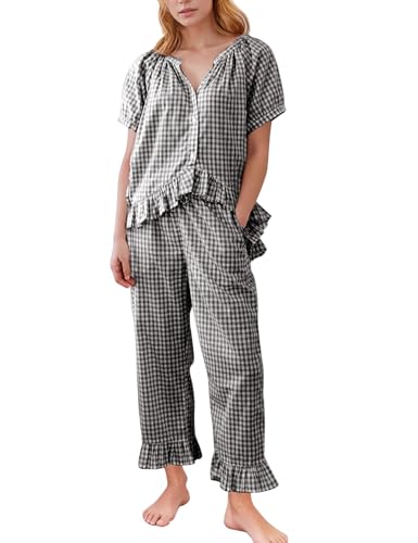 Flygo Womens Plaid 2 Piece Pajamas Sets Gingham Button Down