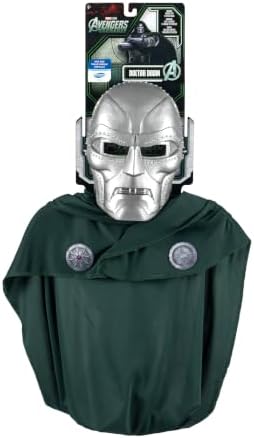 MARVEL Doctor Doom Official Youth Halloween Mask and Cape Accessory Set - Premium Quality Plastic Mask with Hooded Cape - 1