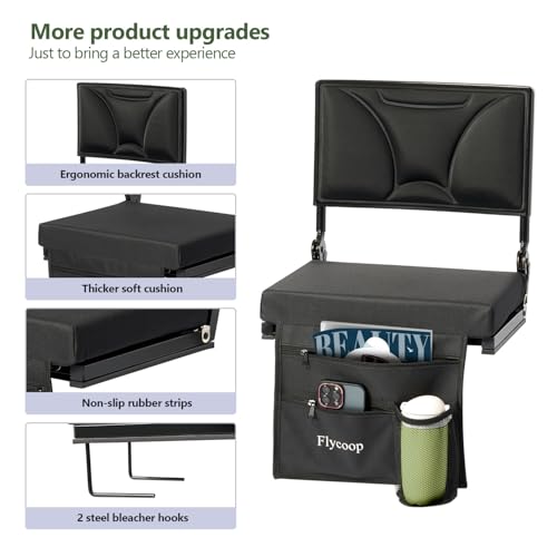 Flycoop Stadium Seats with Back Support: Bleacher Chairs with Cushion Bleacher Seat Reclining Position Stadium Seat Adjustable-Height, Ergonomically Curved Backrest for Sport Events Camping (1)