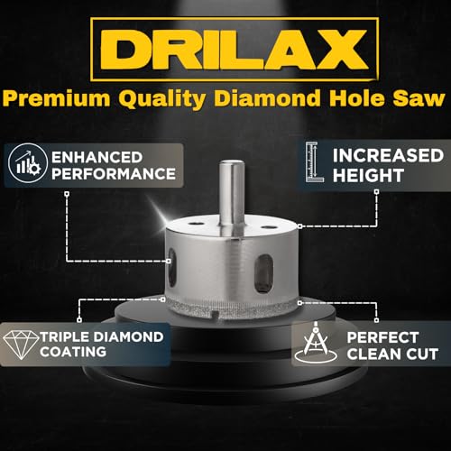 Drilax 5-Pc Diamond Hole Saw Set | 3/4" to 1-1/2" Sizes | Includes Case & Drill Guide | for Ceramic, Porcelain, Glass, Granite & Stone