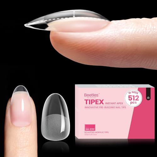 Beetles Tipex Instant Apex Nail Tips Short Oval, 512Pcs 16 Sizes Pre-Building & Pre-Etched Gel Nail Tips Thicker Acrylic Nails Strong Full Cover False Nail Extension Press-on Nails for Flat Nails