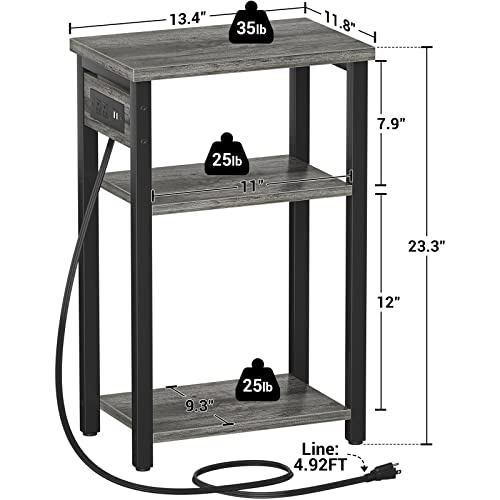 Aheaplus End Table Set Of 2 With Charging Station, 3 Tier Slim Side Table With Usb Ports & Outlets, Narrow Bedside Nightstand With Storage Shelf, Sofa Side Table For Bedroom, Living Room, Grey Oak #TOP2