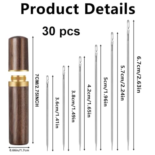 Image of KCALBKCOR 30pcs Self-Threading Quilting Needles with Wooden Case - Long Needles of Various Sizes for Easy Hand Sewing, Embroidery, and Quilting Durable Wooden Case for Easy Storage