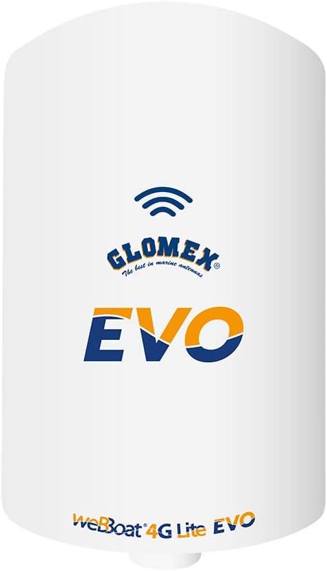 Glomex weBBoat EVO Lite device, a white cylindrical unit with Glomex and EVO logos.
