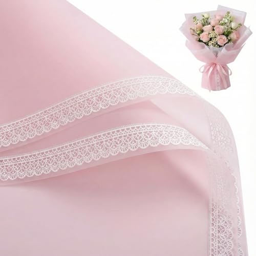 BBJ WRAPS Flower Wrapping Paper, Lace Bouquet Wrapping Paper, Waterproof Korean Paper Wraps for Flowers, 20 Counts, 23.6x23.6 Inch (Pink)