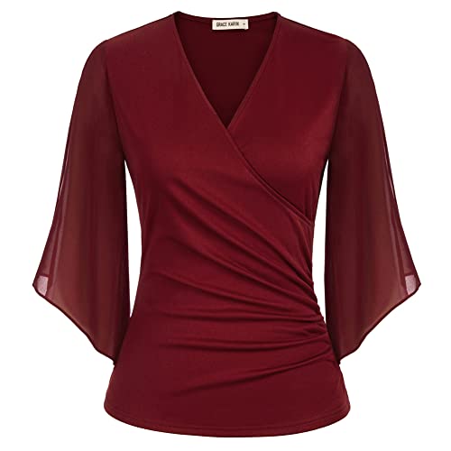 Damen Langarm Chiffon Tops V-Ausschnitt Lange Ärmel Loose Fit Blumendruck...