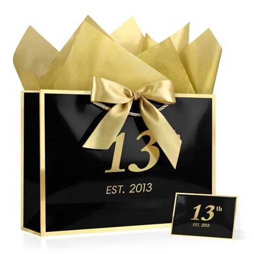 Image of JMANNI 13th Birthday Gift Bag with Card and Tissue Paper for Men Women Him, 14.2 inch Elegant Black Gold Anniversary Keepsake Party Present Shopping Paper Bags for Gifts Wrapping (EST.2013 /Black /Large)