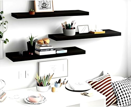 Image of Engineered Wood Floating Wall Shelves, Set of 3, Glossy Finish, Water Resistant, Scratch Resistant, 20 Kg Capacity, for Living Room Bedroom Office (Black, 3)
