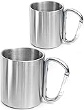 Outdoor Saxx® - 2X Camping-Tasse, Outdoor-Becher, Metall-Becher, 250 ml mit geschraubtem Karabiner-Griff, Edelstahl, Wandern, Trekking, Arbeit, Silber, 2er Set