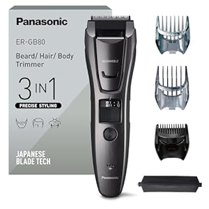 Panasonic ER-GB80-H503 Bart-, Haar- & Körperschneider für Männer, tragbarer kabelloser, wasserdichter Trimmer, 39 Längen, 3 Aufsätze, Präzisions-Trimmer, kabellos & kabelgebunden, Dunkelsilber