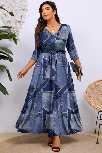 Image of Runwind Plus Size Dress for Women - 3 /4 Sleeve V Neck Maxi Dresses for Women (XL-6XL)