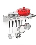 Aptliton Stainless Steel Wall Mounted Pot Rack, 10 Hanging Hooks Pot and Pan Organizer with Side Guards, Heavy Duty 145Lbs Capacity Storage Shelf for Home & Restaurant Kitchen, 24 * 12 inch