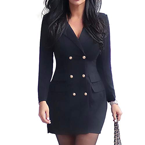Techwills Vrouwen Jurken Casual Lange Mouw V-hals Dubbele Breasted Blazer Jurk Dames Meisjes Gift voor Lente Zomer (Zwart, L)
