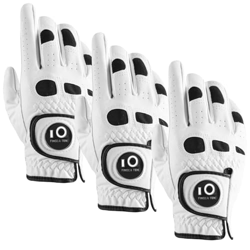 ゴルフグローブ メンズ 3枚セット 天然皮革と合成皮革の組み合わせ 柔らかめ 伸縮 通気 耐摩耗 滑りにくいグリップ 雨 汗に強い 全天候モデル ゴルフマーカー付き NQBZ-023 (右手用(3枚セット), 27)