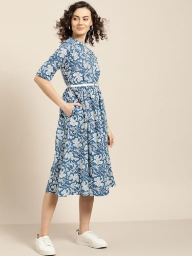 Image of Rama's Women's Printed Cotton One Piece Dress | V-Neck | 3 /4 Sleeves | Empire Waist | Knee Length Casual Dress for Women