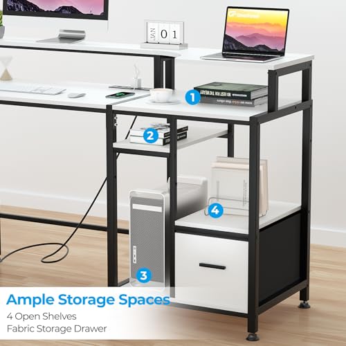 Image of GreenForest Computer Desk with Drawers and Power Outlet, 55 inch Office Desk with Printer Shelf Monitor Stand, Work Desk with Cup Holder Hook, White, BERT