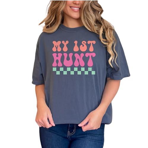 Retro Groovy Text T-Shirt, My 1st Hunt Graphic Tee, Colorful