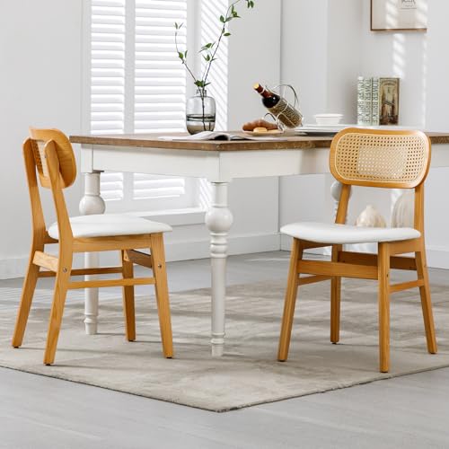 chairus Juego 2 de Sillas de Comedor Madera Maciza Sillas de Cocina con Respaldo Ratán, Sillas Rústica Tapizado en Cuero PU para Restaurante/Cafetería, Blanco