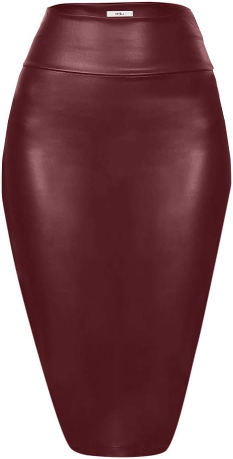 Faux Leather Pencil Skirt Below Knee Length Skirt Midi Bodycon Skirt for Womens, USA, Burgundy Leather, XX-Large